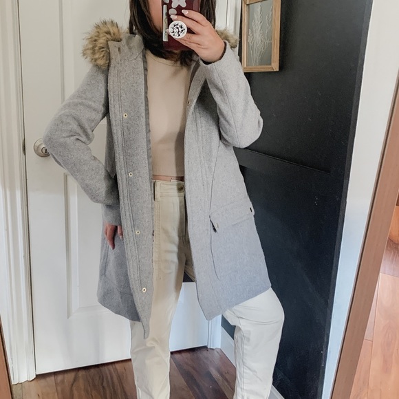 J Crew Factory Chateau Parka Fur Hooded Wool Jacket/ Coat. Size 2 - Picture 1 of 12
